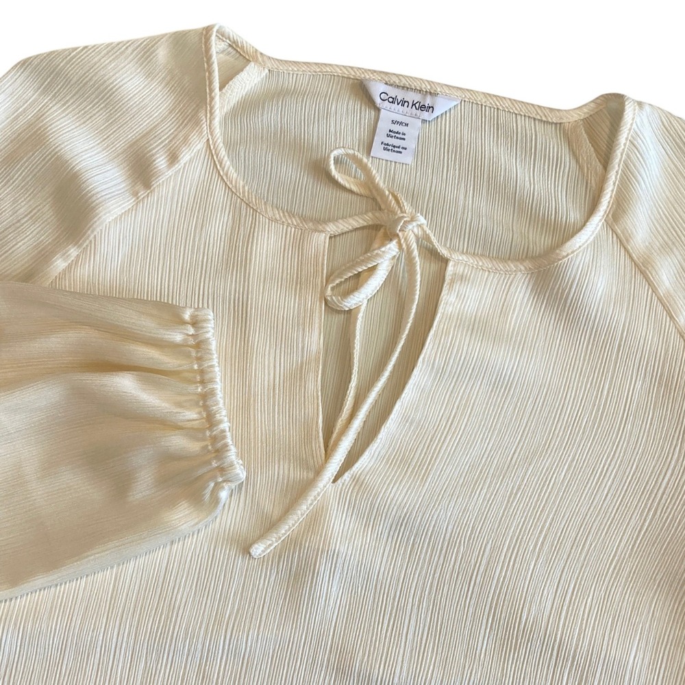 Calvin Klein Top Women S Cream Plisse Pleated Tie Neck Blouse Long Sleeve